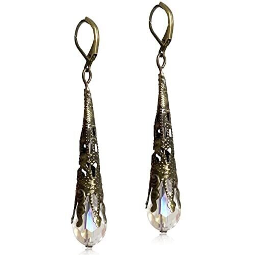 4095 Indian Ethnic Vintage Gold Brone Sparkly Crystal Teardrop Dangle Drop